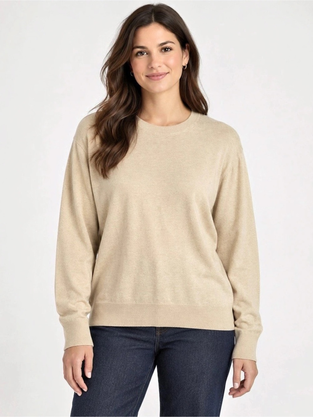 Quince Size XL Women's Cotton Cashmere Blend Crewneck Sweater Beige Oatmeal
